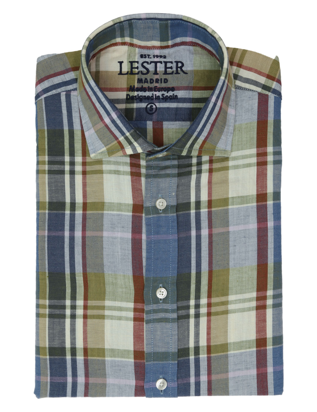 Camisa sport lino tartan Azul claro