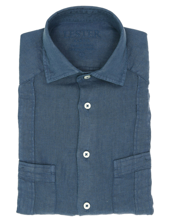 Camisa lino jaretas Azul medio
